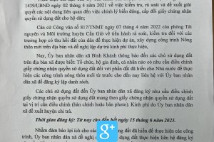Thông báo về việc đăng kí nhu cầu điều chỉnh giấy chứng nhận quyền sử dụng đất đối với các trường hợp đã hiến đất để thực hiện các công trình nông thôn mới trên địa bàn xã Bình Khánh, huyện Cần Giờ